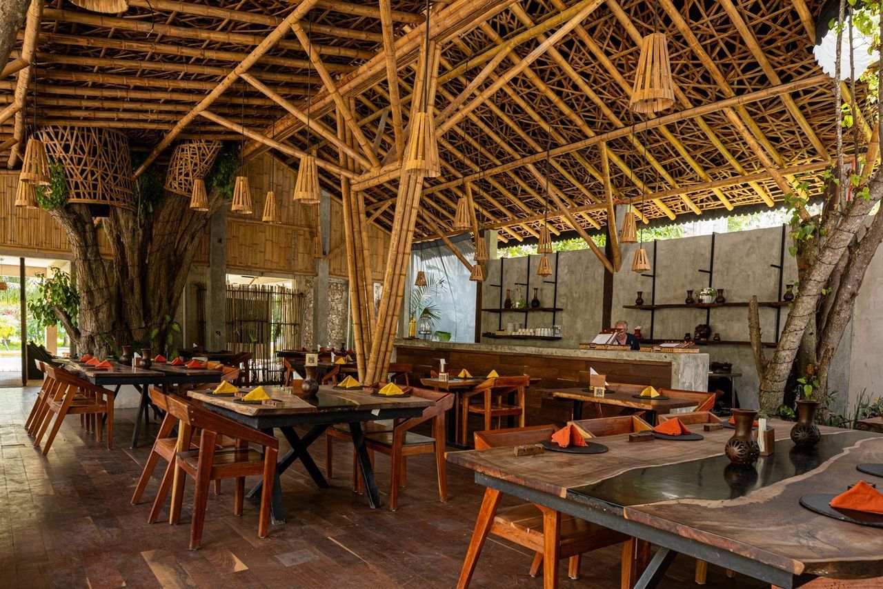 La palapa de Waah de día, con mesas listas y vegetación